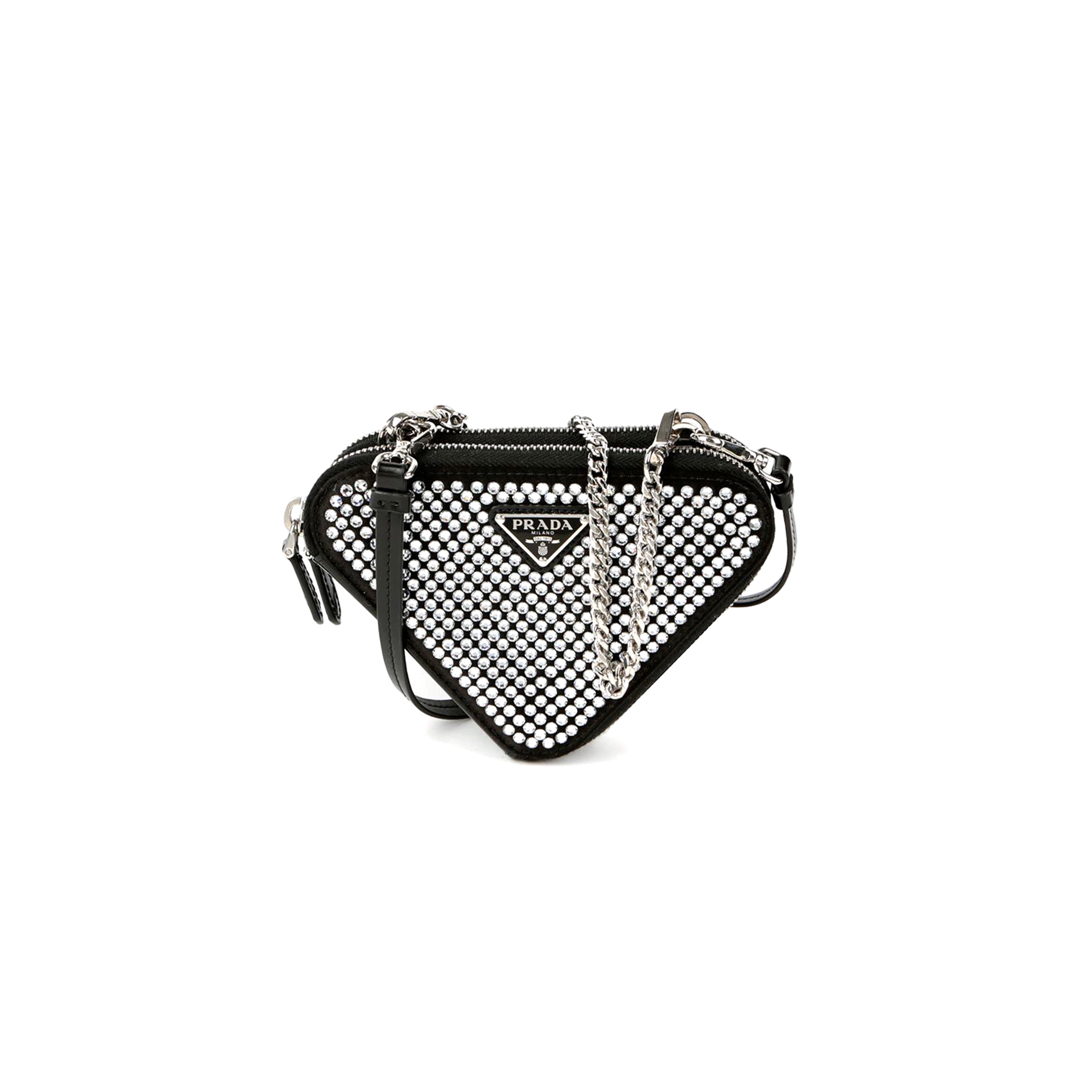 Pra*a triangular embellished satin and leather mini-pouch 1nr015 (15*15*10cm)